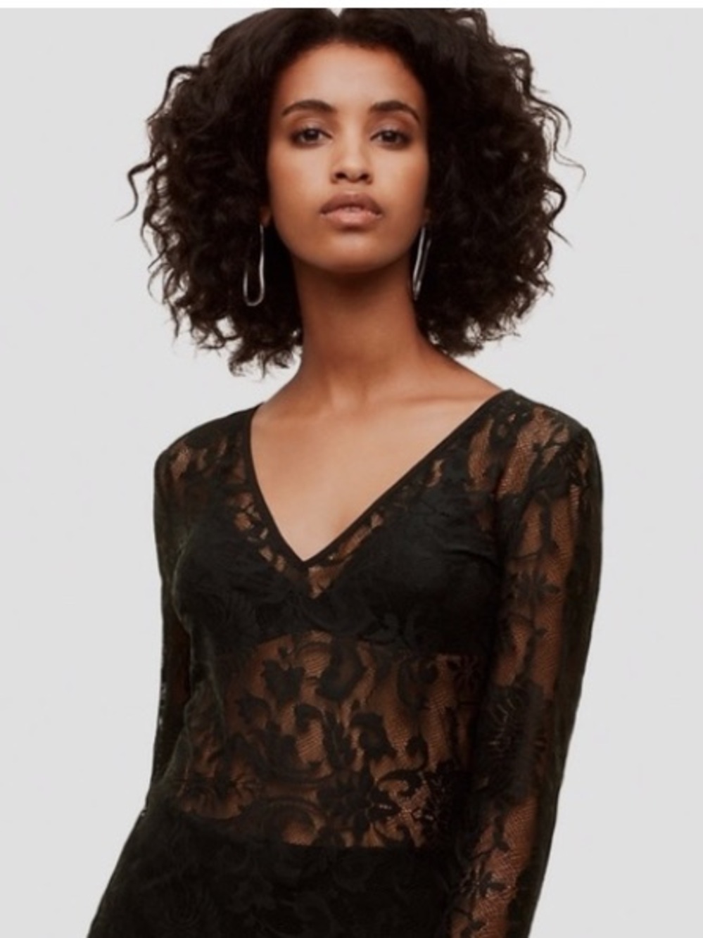 Aritzia Babaton Sheer Floral Lace V-Neck Long-Sleeve - Black